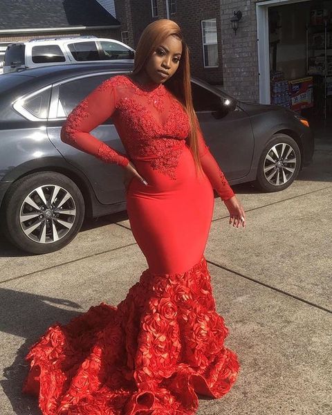 

2019 black girls mermaid evening dresses jewel neck long sleeves formal dresses evening abendkleider dress evening gowns robe de soire, Black;red