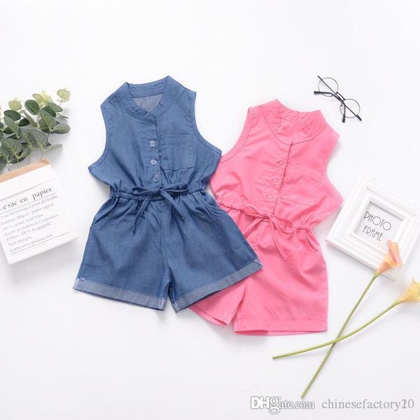 

детские комбинезоны для девочек с пуговицами ins комбинезон одежда для малышей бутик ползунки одежда дети без рукавов лето 2019, Blue