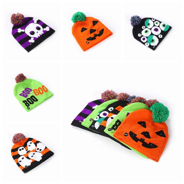 

led halloween knitted hats kids baby moms warm beanies crochet winter caps for pumpkin acrylic skull cap party decor gift props zza878