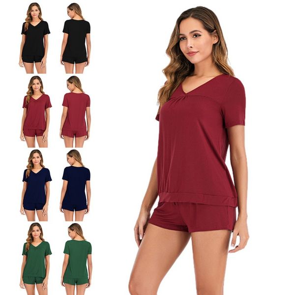 

2020 new solid color shorts set v-neck women pajamas breathable cotton nightdress casual ladies home service, White;black
