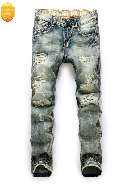 

mens designer damage printing trend pants mid-waist jeans, Blue