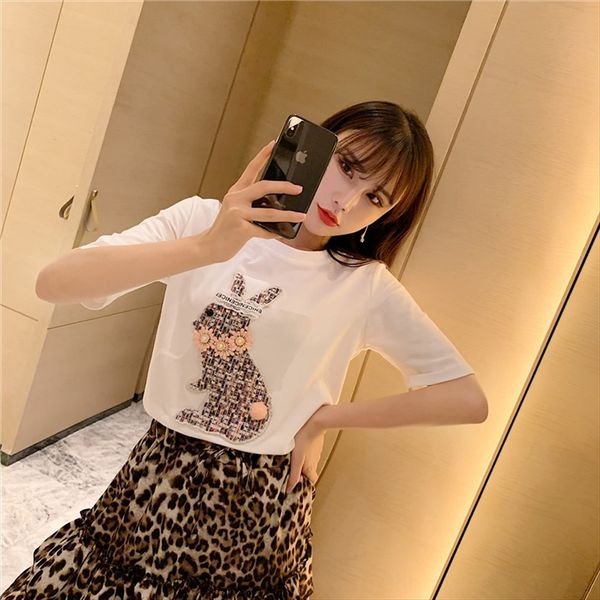 

2019 cute rabbit cloth embroidered short-sleeved t- female white round collar t-shirt base shirt top