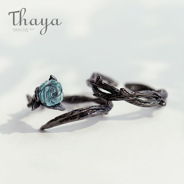 

thaya rose thorns s925 silver rings blue crystal rose flower vintage plant valentine's gift for women knot black fine jewelry, Slivery;golden