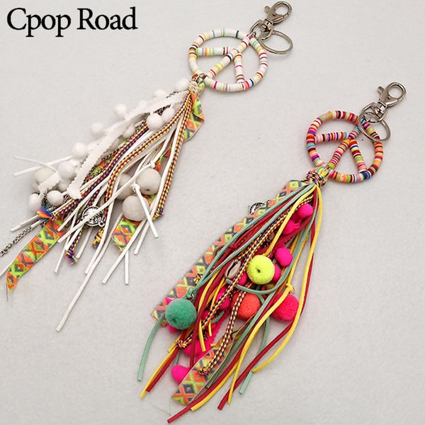 

cpop boho handmade tassel key chain colorful pompom soft pottery peace pendant ethnic keychain jewelry gift for friend sale, Silver