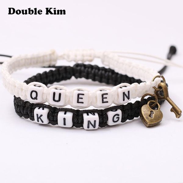 

classic king queen braided leather bangle adjustable bracelet for men women braided couple bangle personalized jewelry gift, Black
