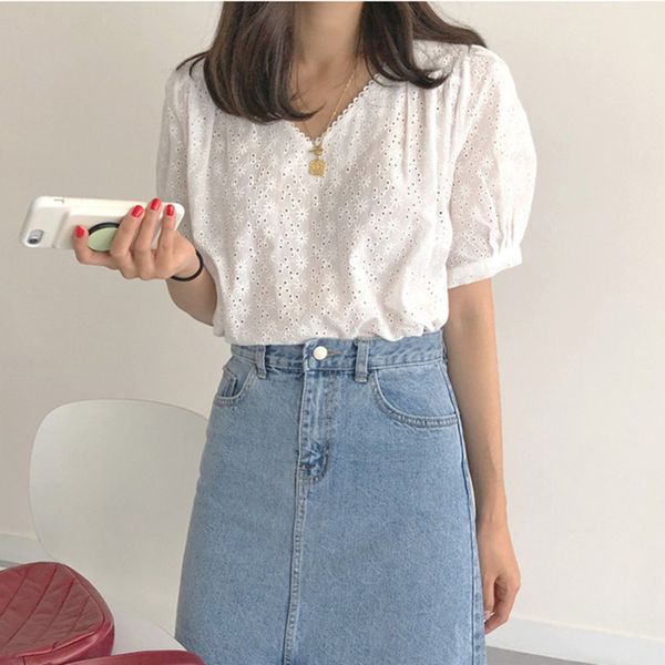 

new 2020 summer loose women's blouses casual fashionable v-neck puff sleeve shirt hollow out lace up wild embroidery white
