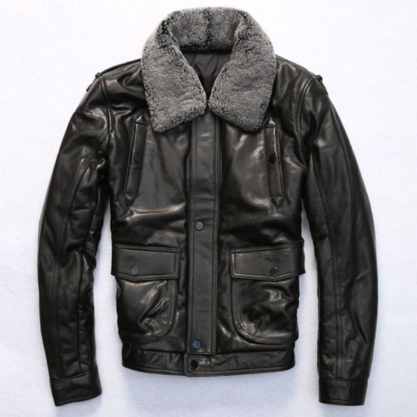 

jakcet casual winter black sheepskin wool collar leather coat thick pilot jacket for men