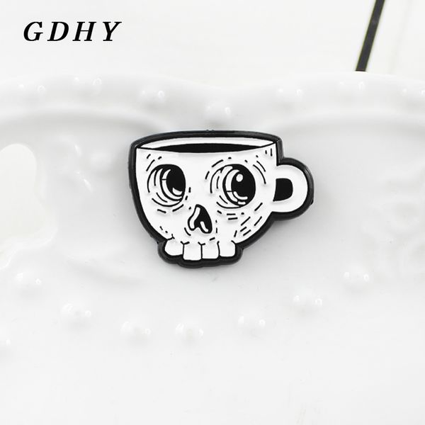 

gdhy white skeleton coffee cup brooch enamel pin skull cup death's skull cafe lapel shirt brooch emblem halloween gift, Gray