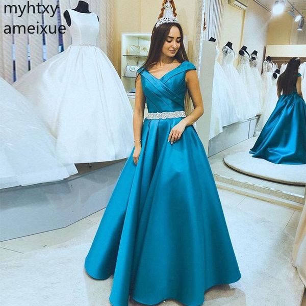 

plus size elegant turquoise prom dresses puffy a-line v-neck cap sleeves gowns floor length diamonds sashes women formal party, White;black