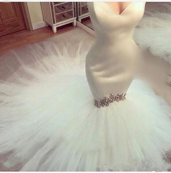 

new arrival 2019 sweetheart strapless vestido de novia satin tiered tulle skirt custom made mermaid wedding dresses, White