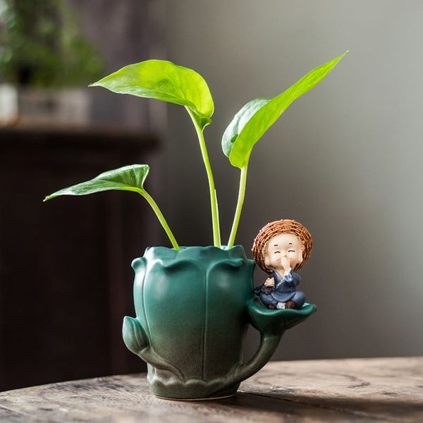 

creative little monk flower home decorations ornaments tea table green flower vase ceramic hydroponic flower pot container