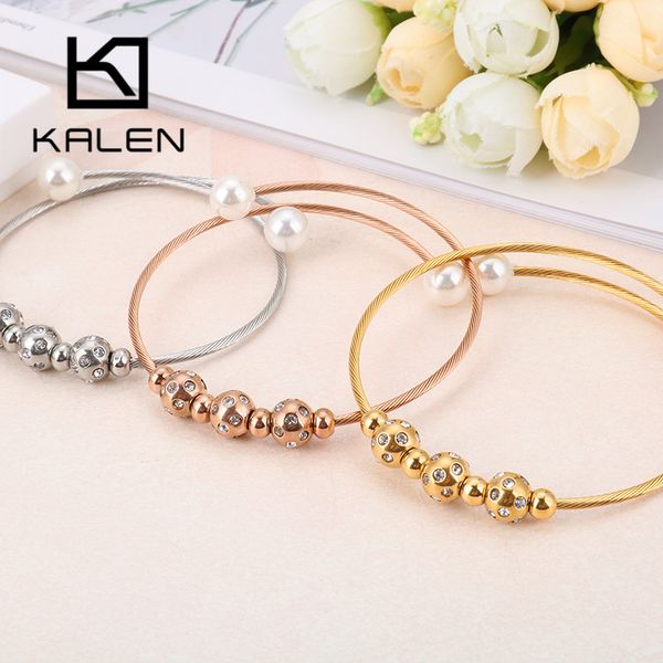 

new tri-color stainless steel bangles for women mujer round beads cubic zircon simulated pearl bangles wedding jewelry, Black