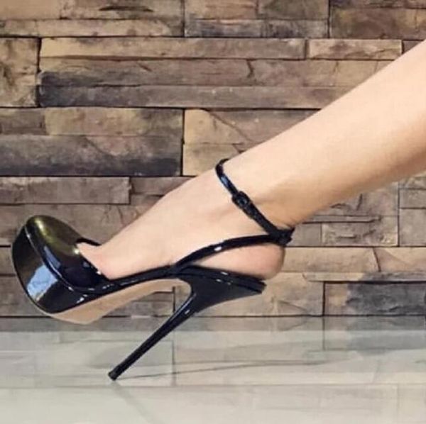 

selling black patent leather high platform pumps shoes women ankle strap thin heeled cut-out banquet dress shoes plus size