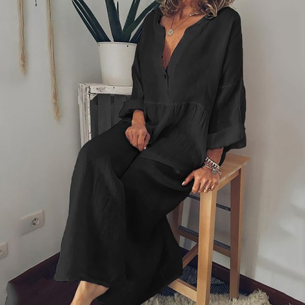 

girl dress womens summer long sleeve linen dress loose a-line party sundress button women off shoulder party vestidos#5, Black;gray