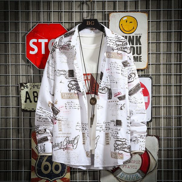 

youth popular 2019 autumn men's new fashion loose large size lapel handsome trend men dress shirts long sleeve, White;black