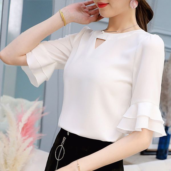 

spring-summer korean version of womens clothing shirt fashion wild casual shirt-solid color slim-fit chiffon blouse, White