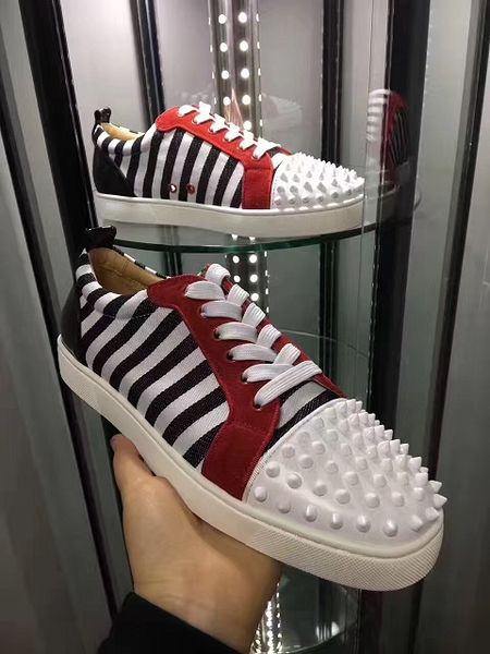

classic brand designer red bottom spikes sneaker men's spikes orlato low sneakers spikes flat shoes red sole suede rivets, Black