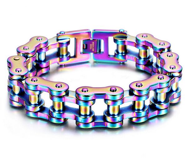 

19mm heavy punk rock men's rainbow blue bike biker motorcycle chain bracelet jewelry titanium steel bicycle bracelet bangle boys, Golden;silver