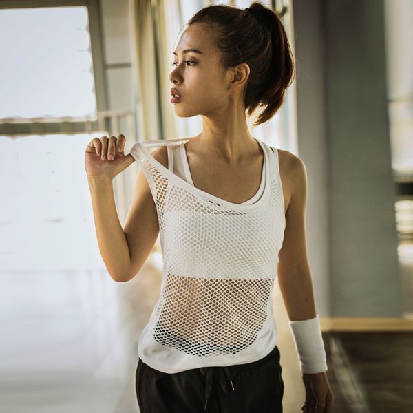 

mermaid curve summer white black hollow mesh tank women sports vest breathable quick drying fitness workout t-shirts, Black;blue