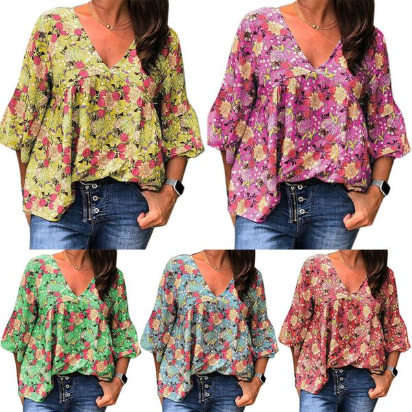 

colorful women's bell sleeve floral print shirts casual summer dinner party, White