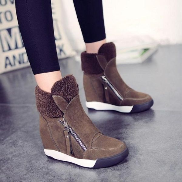 

fashion women casual shoes winter platform wedge ankle boots height increasing flock shoes keep warm f ur zipper snow boots, Black