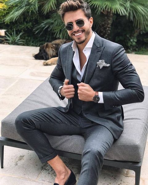 

2020 dark grey men suit slim fit smart casual business formal party prom blazer jacket 3 pieces summer wedding groom tuxedos, White;black
