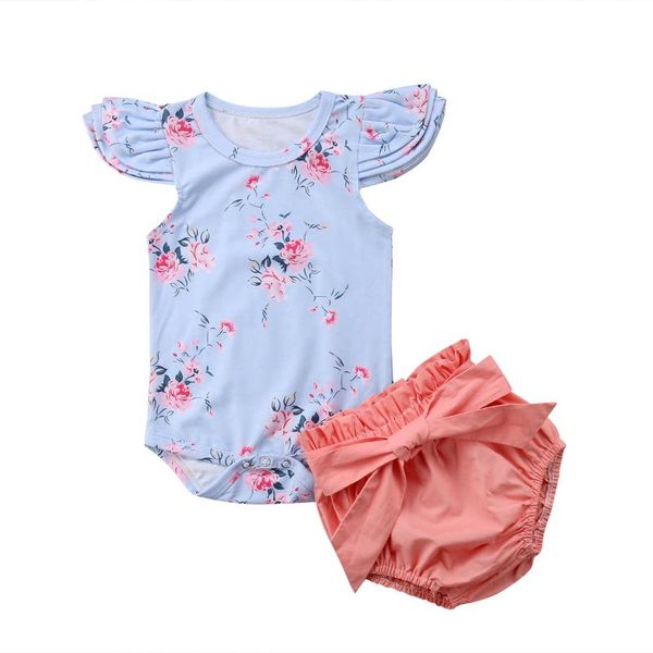 

newborn baby girl floral romper + bowknot shorts pants outfits clothes set, White