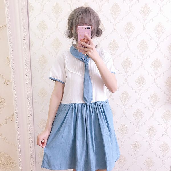 

japanese college style sweet lolita dress tie removable color matching victorian dress kawaii girl loose gothic lolita op loli, Black;red