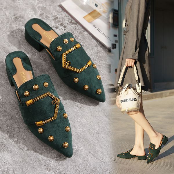 

rivet closed toe mules women metal decoration low heels slippers casual slip on shoes flock loafers black green zapatos mujer