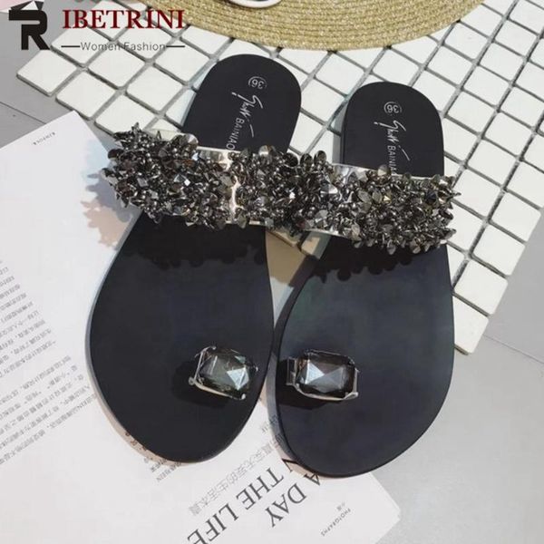 

ribetrini new ins fashion rhinestone shoes women unique casual flat heel slippers low heel decorating summer flip flop, Black
