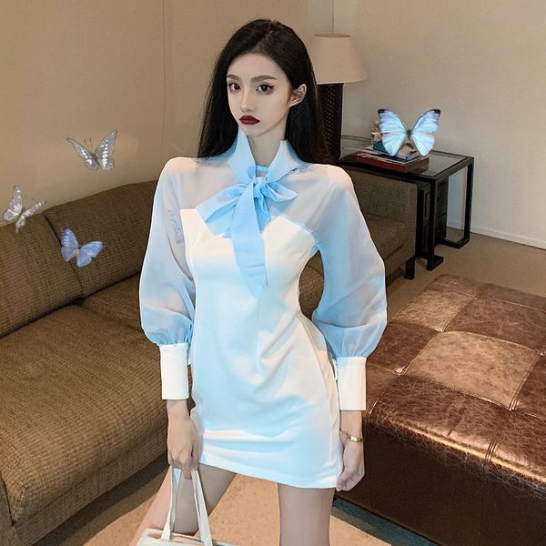 

2020 early autumn new korean style blue yarn long-sleeved stitching waist slimming bag hip fairy stem orange first love dress, White;black