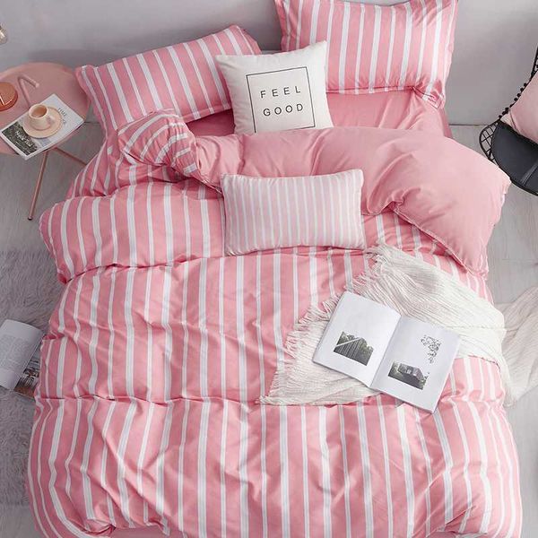

high-quality pink stripes 4 pieces set 1 duvet cover 1 flat bed sheet 2 pillowcase twin full  king 4 sizes