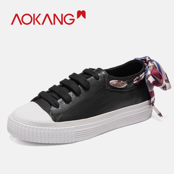 

aokang 2019 spring summer casual shoes women comfortable breathable shoes woman flat lace up lady, Black