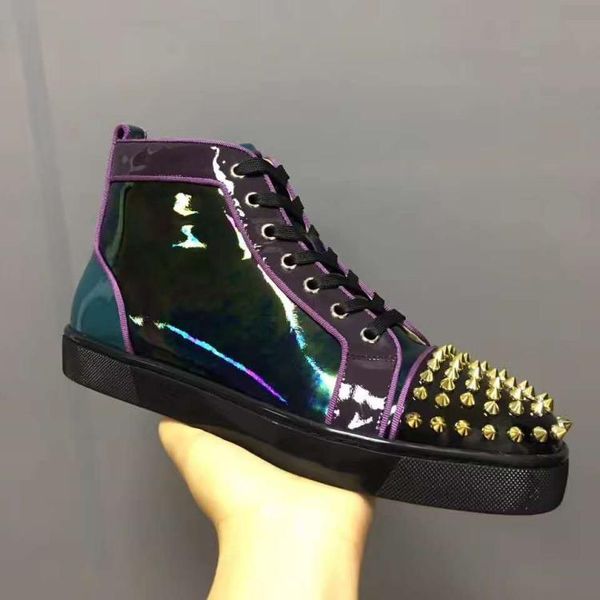 

brand design junior spikes orlato men's flat colorful patent leather red bottom sneaker studded red sole shoes rivets colorful aurelien, Black