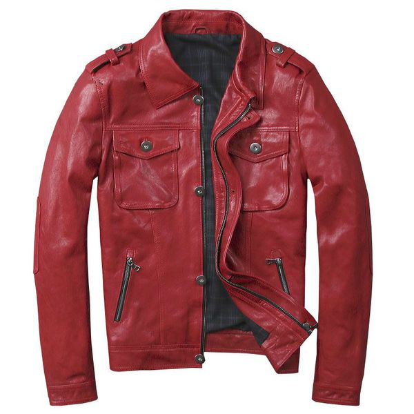 

zvaqs plus size sheepskin genuine leather jacket men red turn-down collar short zipper pocket motorcycle coat bomber jackets, Black