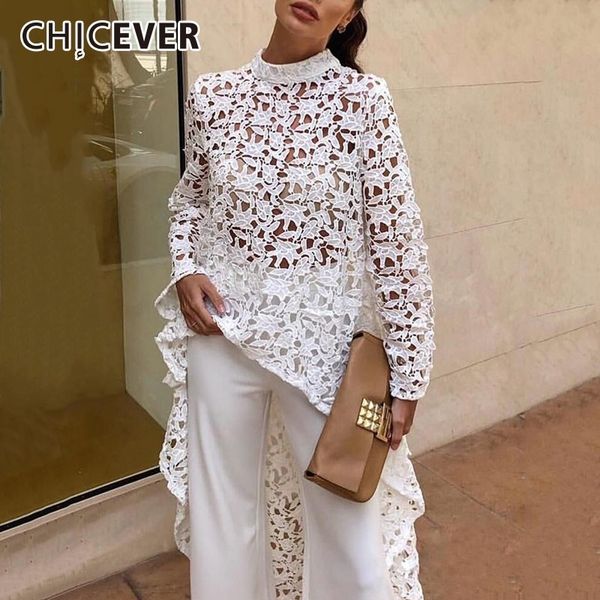

chicever lace hollow out blouses women's shirts female stand collar long sleeve asymmetric hem blouse fashion clothes new, White