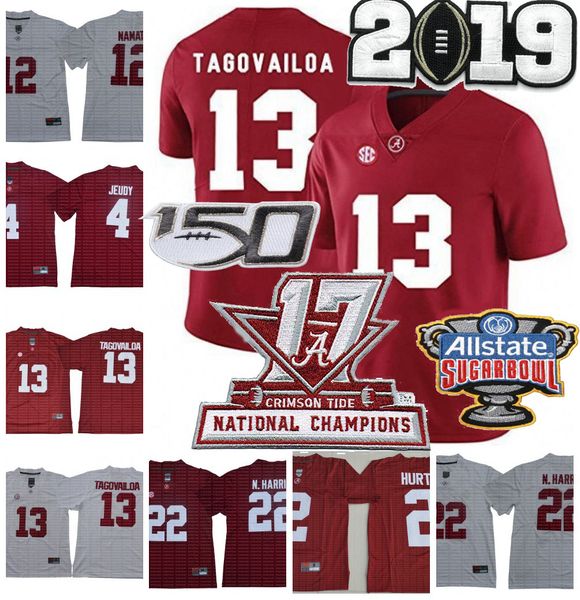 

150th ncaa alabama crimson tide #13 tua tagovailoa #4 jerry jeudy najee harris #3 ridley 2 jalen hurts 2019 championship football jersey, Black;red