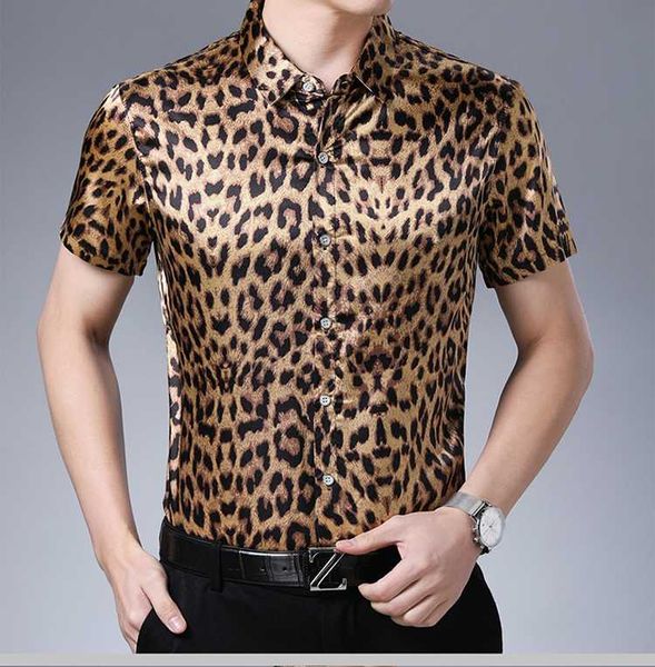 

new men leopard print shirts summer casual short sleeve silk shirts man fashion leopard printing silk shirt, White;black