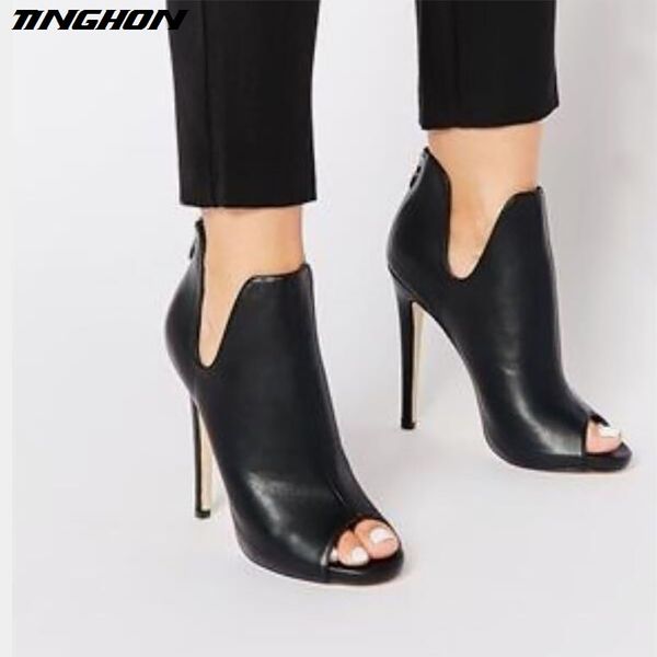 

tinghon summer fashion women roman fish mouth high heel boots shoes sandals boots women ankle, Black