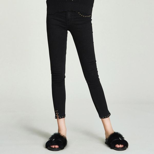 

havva autumn and winter new women high-waisted slim split rivet pencil pants ninth jeans k35650, Blue