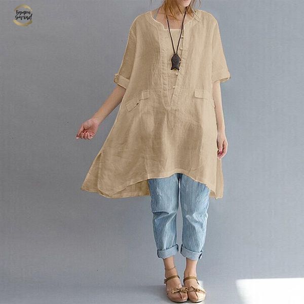 

summer 2019 women cotton linen o neck short sleeve party baggy split hem solid blouse irregular hem shirt plus size, White