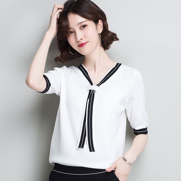 

short-sleeved ice silk t- women's short lace-up summer clothes short-sleeved knitted base t-shirt short skirt skirt shirt clothes, White