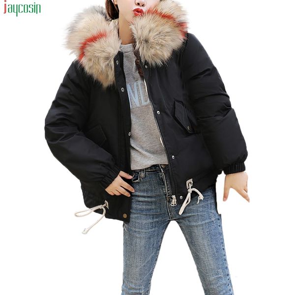 

jaycosin slim jacket women hooded solid outwear warm coat female thicker fur collar cotton parka jacket women coat fashion 2019, Black;brown
