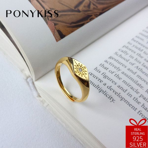 

ponykiss vintage s925 sterling silver chic zircon totem eye adjustable opening ring jewelry women party fashion accessories gift, Golden;silver