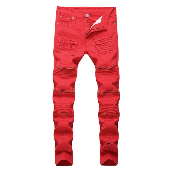 

mens designer fashion holes multi-zipper small feet begging jeans pants, Blue