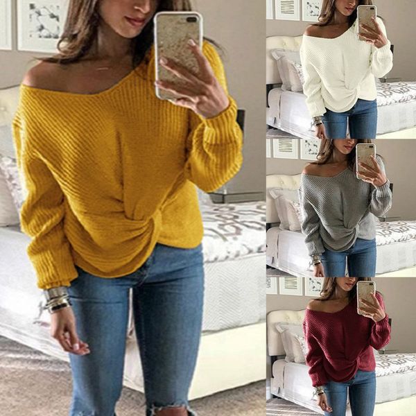 

womens autumn long sleeve knitted sweaters off shoulder solid color v-neck pullover twist cross knotted front loose jumper, White;black