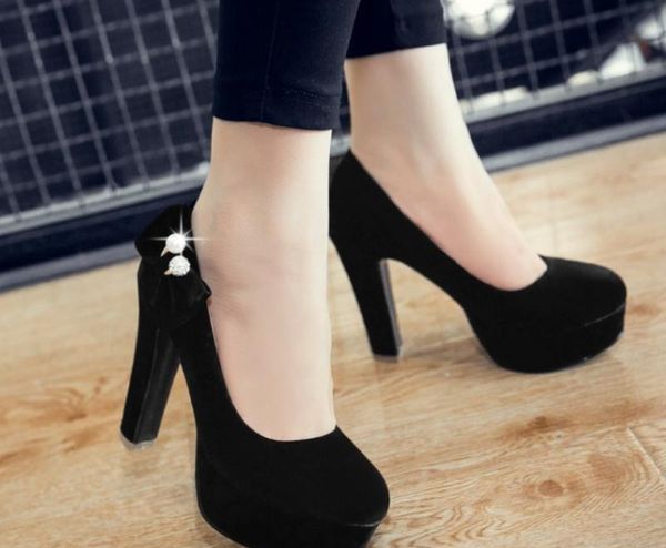 

2019 women's shoes in spring and autumn with new style high heel coarse heel round head waterproof table bowknot suede @278, Black