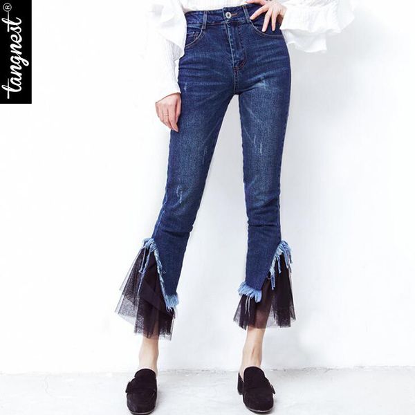 

tangnest women high waist jeans spring lace patchwork ankle-length pants flare pants skinny femme wkn493, Blue