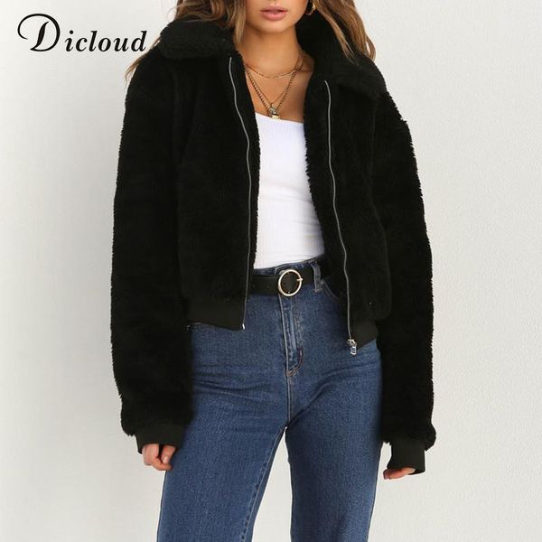 

dicloud winter teddy basic jacket sherpa parka women autumn 2018 warm long sleeve bomber jacket puffer faux fur coat casual, Black;brown