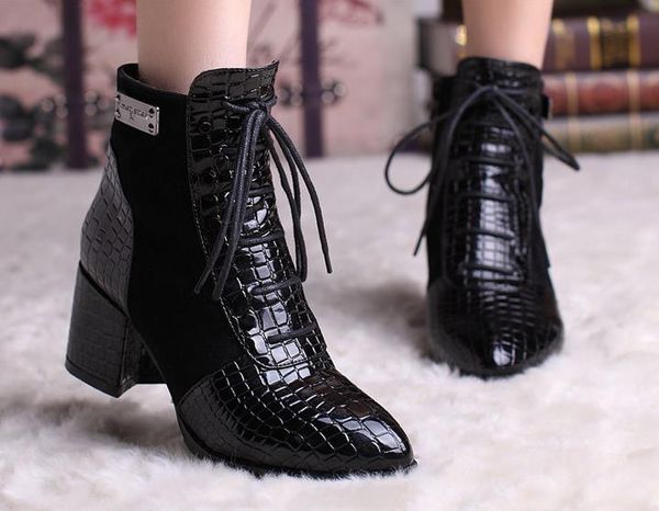 

genuine leather martin boots female pointed 5.5cm chunky high-heeled ankle booties winter party dress shoes 890-1, Black